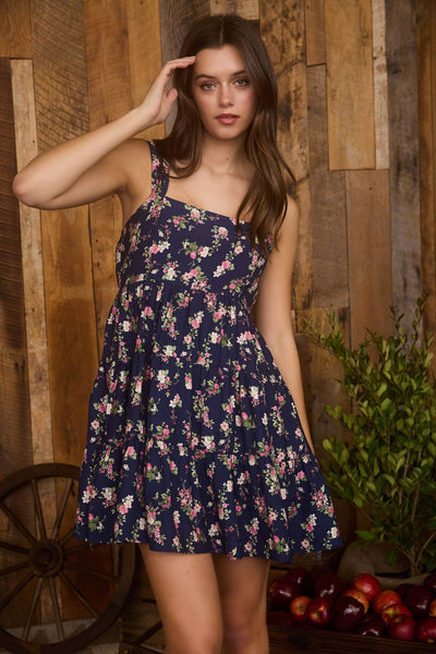 Navy Floral Sleeveless Tiered Mini Dress