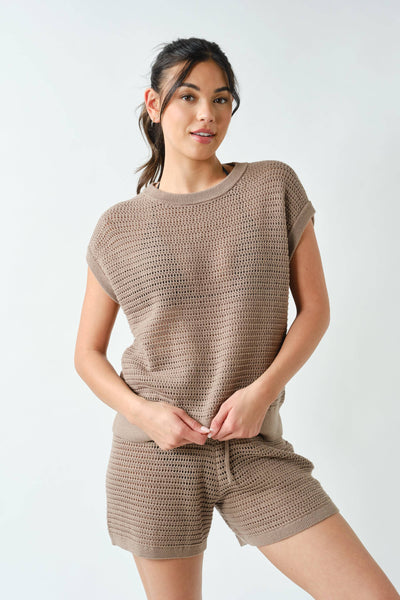 Silken Taupe Coastal Crochet Breeze Knit Top