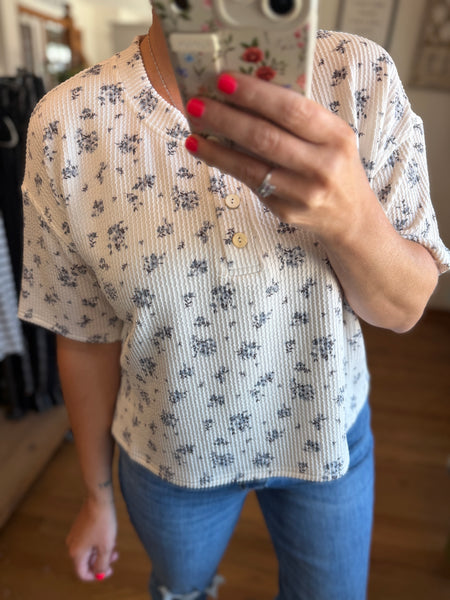 Ivory Floral Henley Short Sleeve Ribbed Top