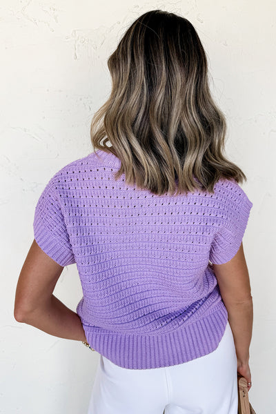 Lavender Pointelle Knit Short Sleeve Sweater