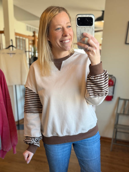 Oatmeal & Taupe Striped Color-Block Top