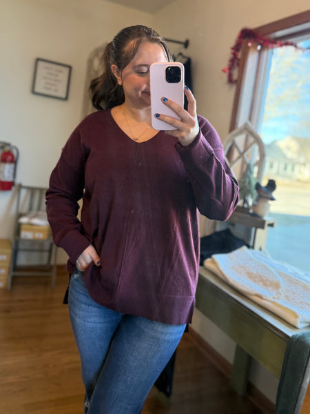 Plum Center Seam V-Neck Sweater