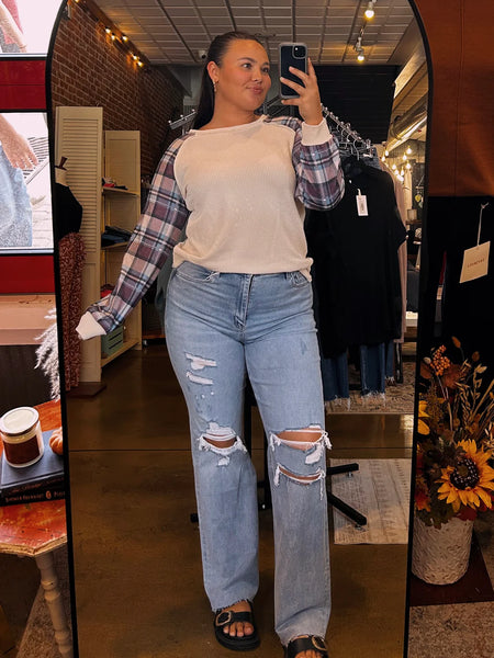 Cream & Plaid Ribbed Top