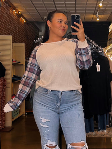 Cream & Plaid Ribbed Top