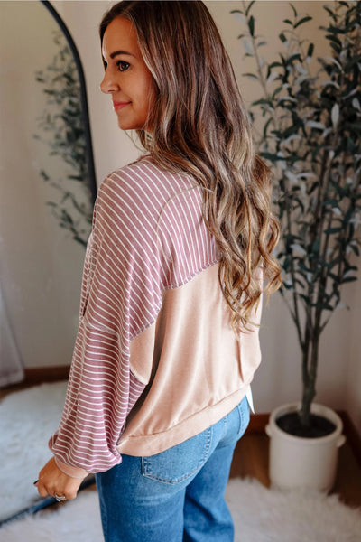 Dusty Mauve Stripe Exposed Stitching Long Sleeve Top