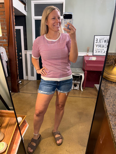 Magenta Stripe Short Sleeve Sweater