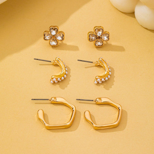 Gold Floral Gem Pearl Hoop Trio Earrings