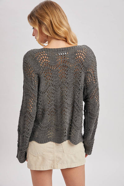 Ash Grey Scalloped Hem Open Knit Sweater