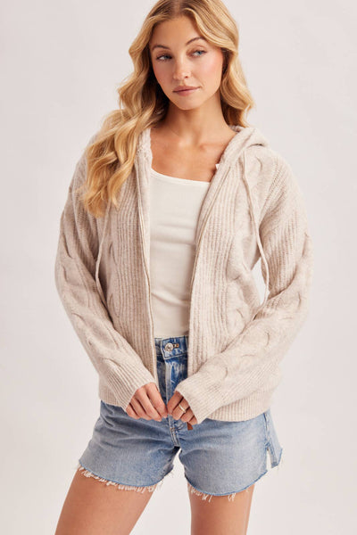 Oatmeal Zip-Up Cable Knit Sweater Cardigan With Hood