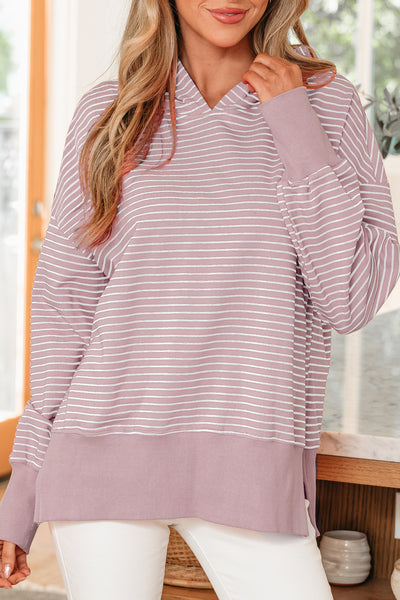 Dusty Lavender Stripe Thumbhole Side Slit Hoodie