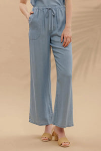 Drawstring Wide Leg Chambray Pants