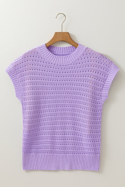 Lavender Pointelle Knit Short Sleeve Sweater