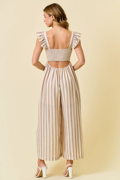Beige Striped Cotton Gauze Wide Leg Jumper