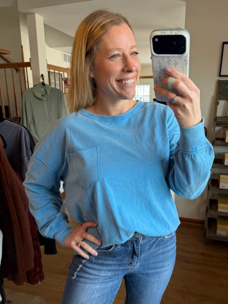 Ocean Blue Oversized Washed Long Sleeve Pocket Tee