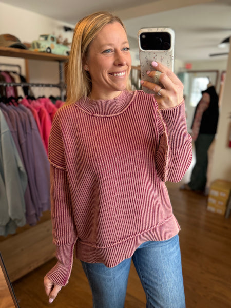 Cabernet Mineral Wash Side Slit Oversized Sweater