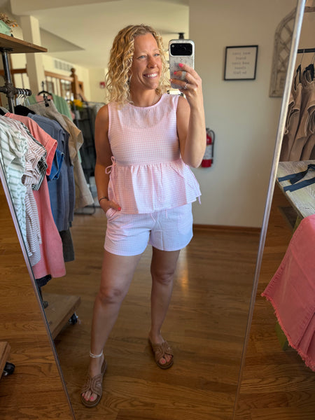 Pink Gingham Sleeveless Peplum Top