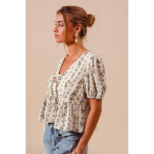 Ivory Floral Tie Front Blouse