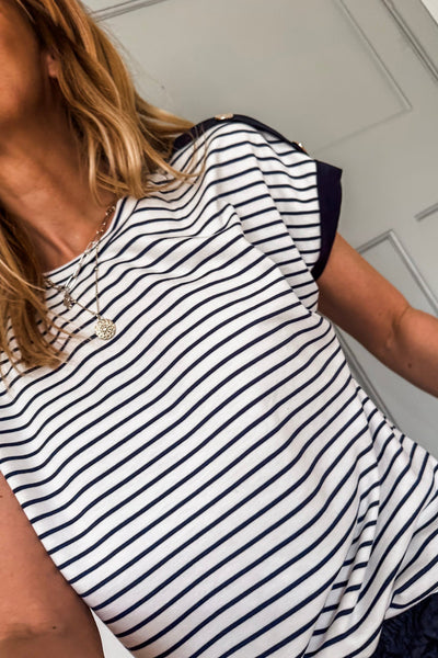 Black Stripe Cuffed Sleeve Button Detail Tee