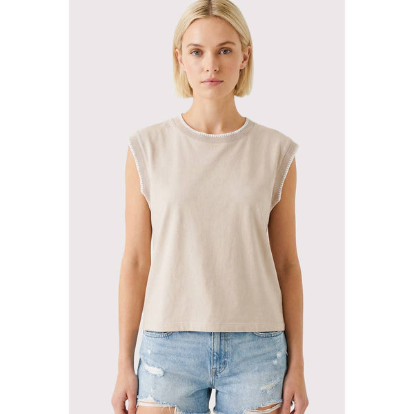 Beige Stitched Cotton Cap Sleeve Top