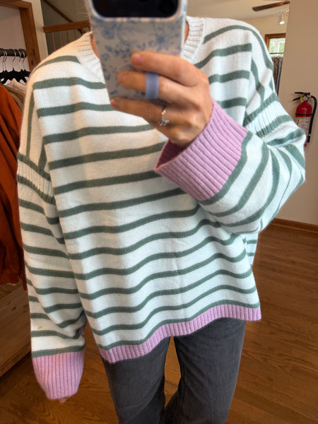 Blue Stripe Contrast Trim Sweater