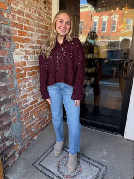 Maroon Button Open Knit Sweater