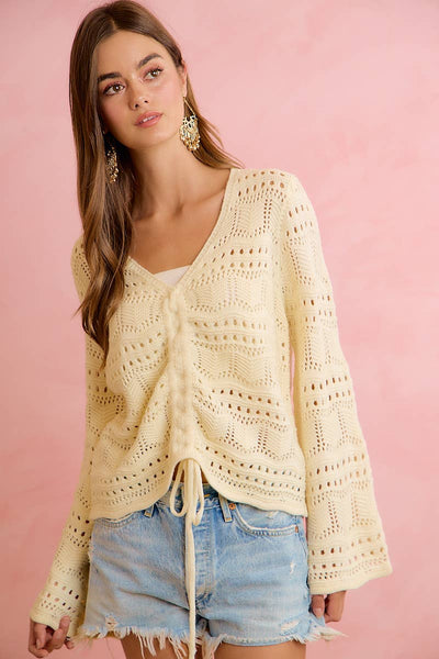 Ivory Pointelle Knit V-Neck Ruched Top