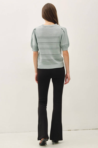 Dusty Blue Crochet Stripe Puff Sleeve Short Sleeve Sweater