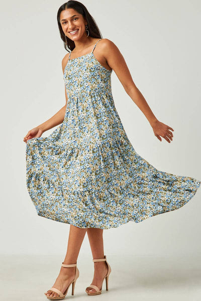 Blue Smocked Back Tiered Midi Dress