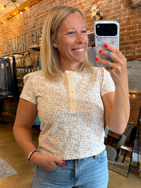 Ivory & Peach Floral Short Sleeve Knit Top
