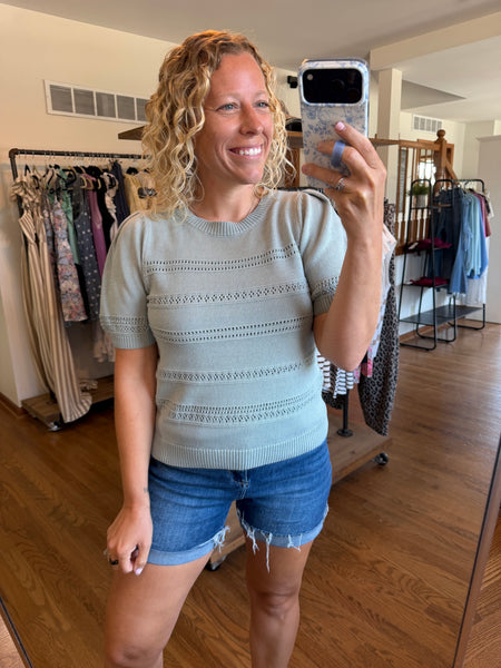 Dusty Blue Crochet Stripe Puff Sleeve Short Sleeve Sweater