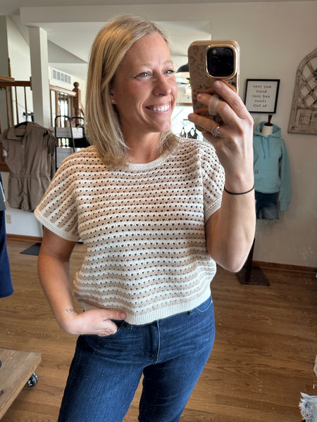 Khaki & Cream Stripe Short Sleeve Sweater