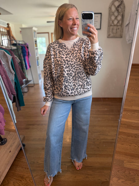 Cream Leopard Boxy Long Sleeve Knit Top