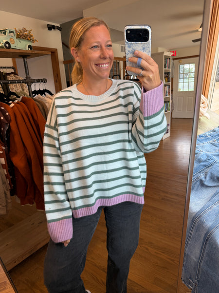 Blue Stripe Contrast Trim Sweater