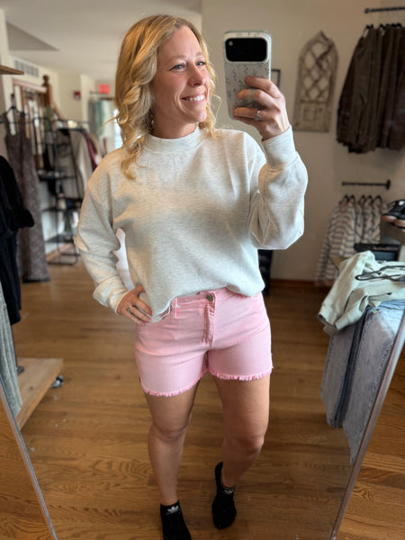 Zenana Ash Pink Acid Wash Frayed Hem Shorts