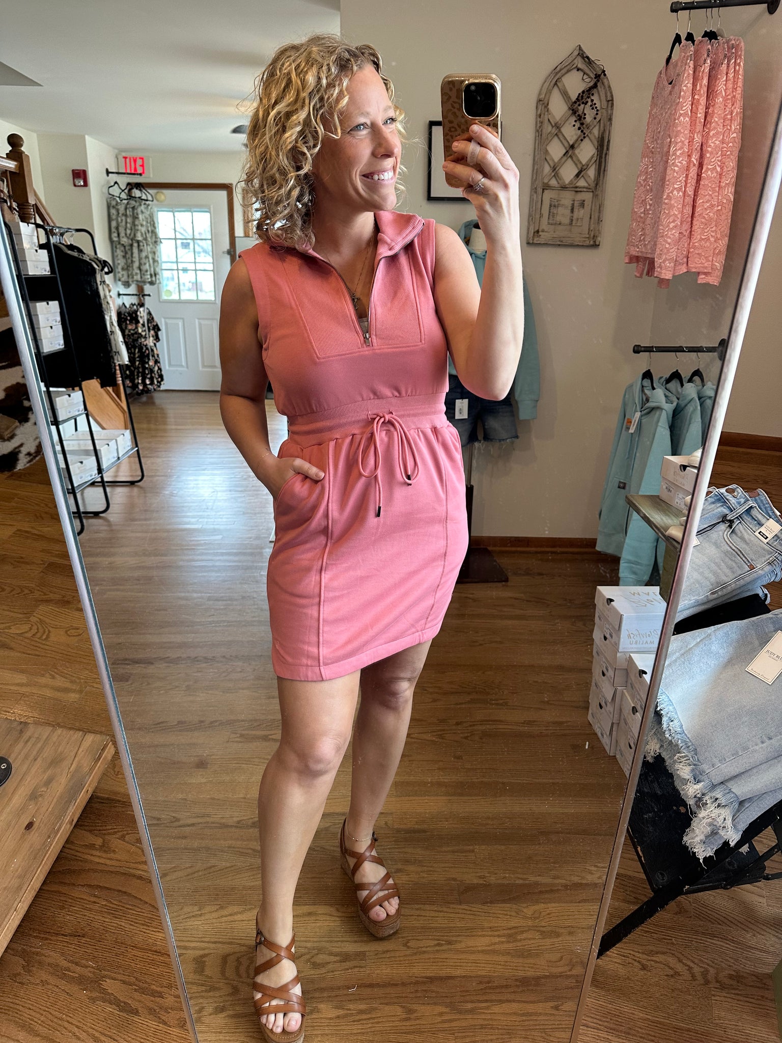 Mauve Half Zip Sleeveless Drawstring Mini Dress