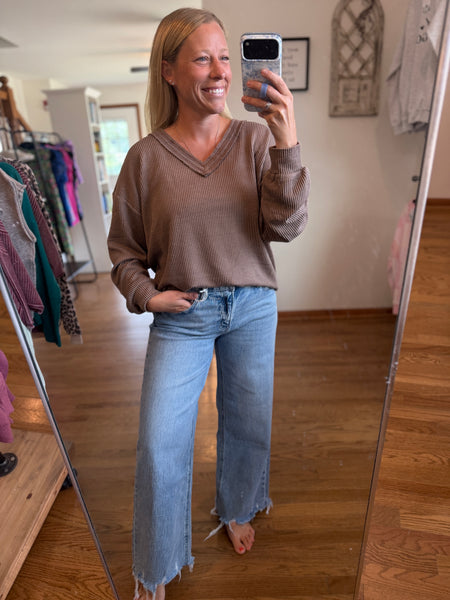 Mocha Raw Edge V-Neck Long Sleeve Textured Knit Top