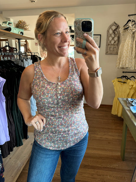 Charcoal Floral Button Tank Top