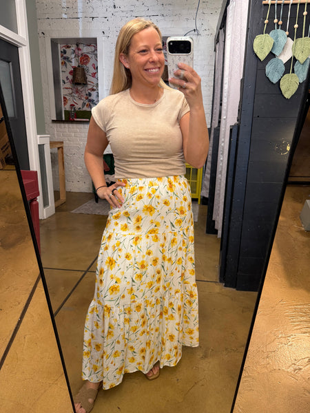 Yellow Sunflower Tiered Maxi Skirt