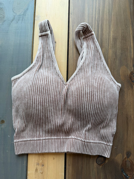 Mocha Acid Wash Cropped Tank With Removable Pads