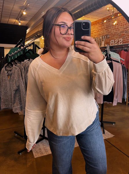 Washed Oatmeal V-Neck Top