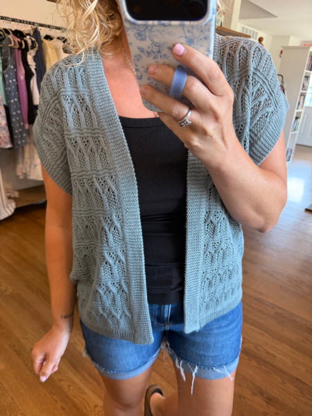 Teal Crochet Knit Short Sleeve Open Front Cardigan