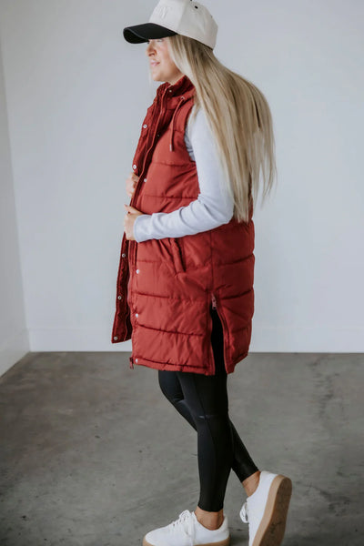 Brick Polar Fleece Lined Long Puffer Vest