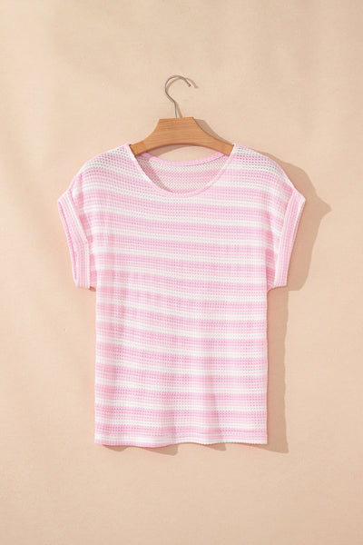 Pink Striped Waffle Knit Short Sleeve Top