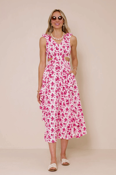 Pink Floral Ruffle Cutout Midi Dress