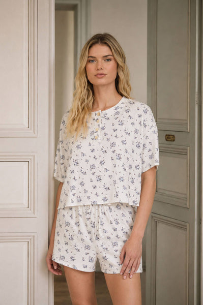 Ivory Floral Henley Short Sleeve Ribbed Top