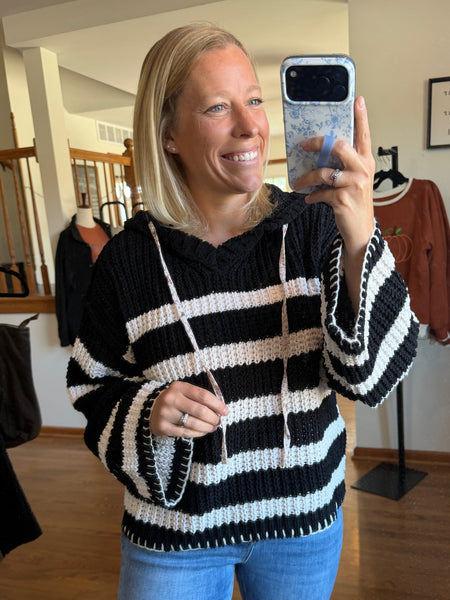 Black & Ivory Striped Oversized Chenille Hooded Sweater