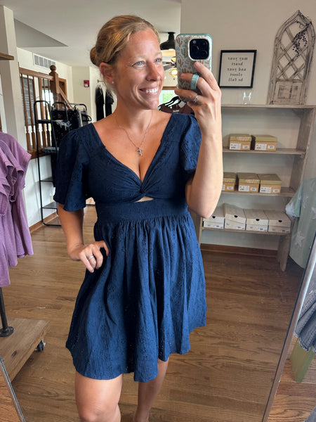 Navy Eyelet Embroidered Twist Front Dress