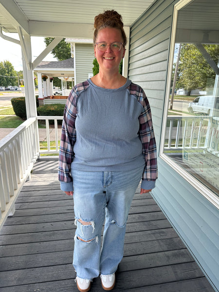 Vintage Blue & Plaid Ribbed Top (S-3XL)