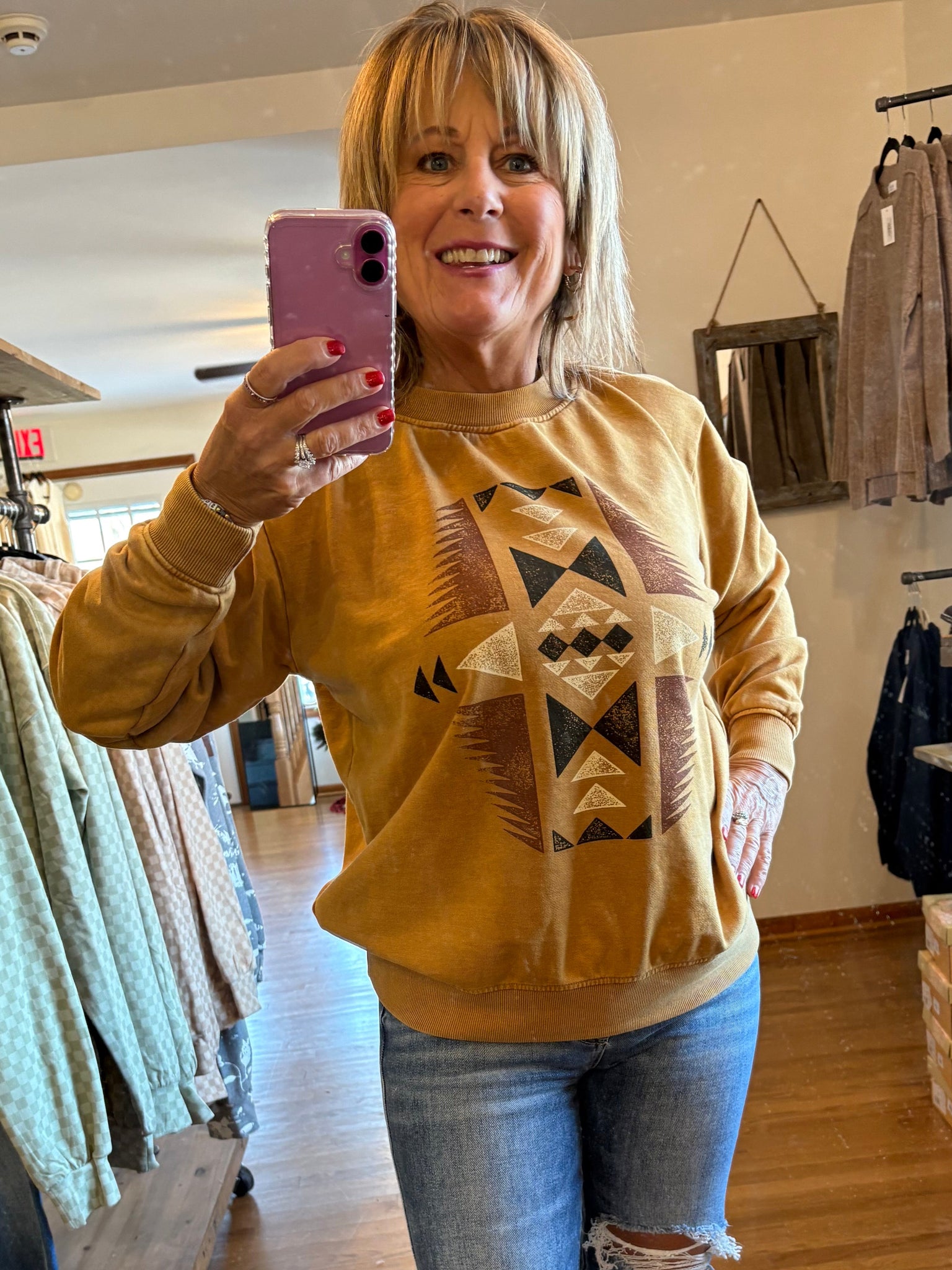 Mustard Aztec Mineral Wash Graphic Sweatshirt