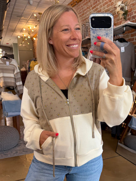 Sage Thermal Floral Knit Zip-Up Hoodie